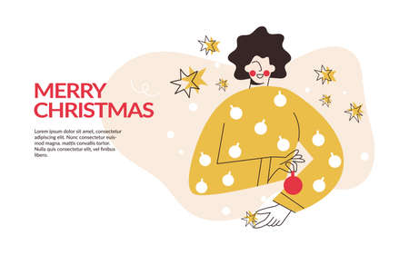 Winter holidays landing page template with simple retro festive woman. Merry Christmas and Happy New Year website layout. Xmas atmosphere decoration. Simple flat line vector illustration bannerのイラスト素材
