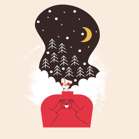 Winter woman with long hair is dreaming and fantasize. Feminine concept flat vector illustration. Girl with universe starry night in hair. Tarot or greeting card design. Christmas and Happy New Yearのイラスト素材