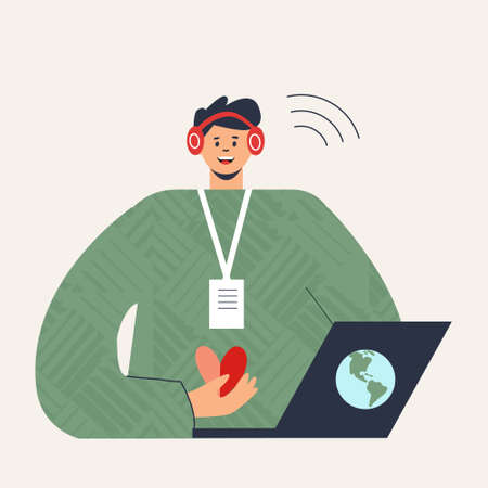 Online volunteer service concept. Virtual mentoring, companionship, tutoring, support and aid for people. Young man - distance social worker. Flat vector cartoon illustration isolated on backgroundのイラスト素材