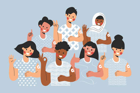 Diverse children after getting vaccine with gesturing Thumbs Up Ok and Hello. Kids showing arm bandage to protect spread on blue background. Flat vector cartoon illustration. Child immunizationのイラスト素材