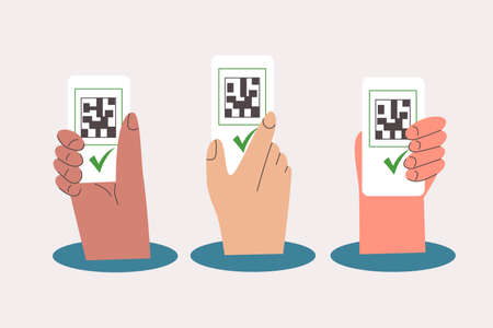 Diverse hands holding smartphones with qr code vaccine certificate. Green certificate vaccination, sanitary pass result, check mark. Digital health passport with qrcode. Flat vector illustrationのイラスト素材