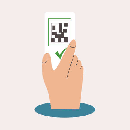 QR code vaccine certificate or hand holding smartphone with green certificate vaccination, European sanitary pass result, check mark. Digital health passport and qrcode. Flat vector illustrationのイラスト素材