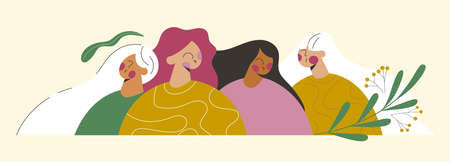 Diverse portrait women different age standing together for female empowerment movement. Sisterhood, support, friendship and care. Group of female characters flat vector cartoon illustration bannerのイラスト素材