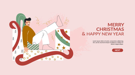 Excited young man carrying many Christmas gifts or presents boxes with gold star confetti on pink pastel background. Fair sale landing page template, New year event banner. Flat vector illustrationのイラスト素材