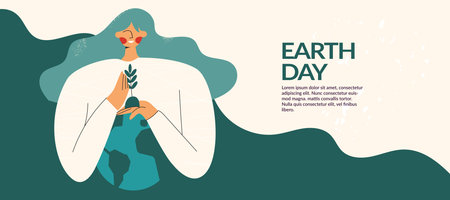 Mother Earth planet Day or protect globe environment nature. Environmental protection. Saving the planet, female character protect our earth. Go green concept. Flat vector cartoon illustrationのイラスト素材