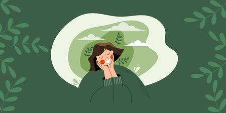 Go green concept with calm and wellness woman and flowers or vegetation around. Love yourself and eco healthy lifestyle. Organic cure and aromatherapy. Green thinking flat vector illustration bannerのイラスト素材
