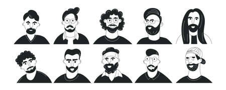 Set of doodle men face avatars with mustache and beard. Collection of trendy hipster guy portrait. Black and white flat vector illustration isolated on white background. Fashion bearded man facesのイラスト素材