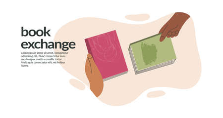 Book exchange landing page template or bookcrossing vector illustration banner. Swap literature event, library day, culture festival. Education and knowledge concept, diverse hands holding booksのイラスト素材