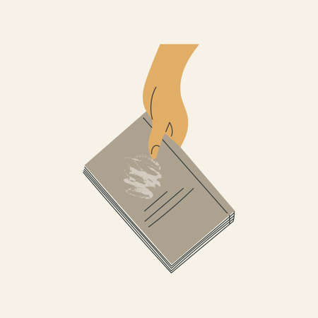 Womans hand holding closed book flat cartoon vector illustration isolated on white background. Student arm. Education and knowledge concept. Swap literature event, library day, culture festivalのイラスト素材