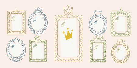 Princess mirrors with crown or tiara line vector illustration set. Fairytale frames and magic...
