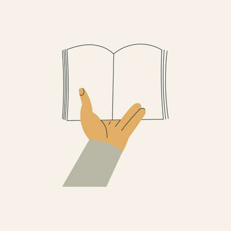 Mans hand holding open book flat cartoon vector illustration isolated on white background. Student arm. Education and knowledge concept. Swap literature event, library day, culture festivalのイラスト素材