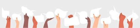 Peoples hands exchange ideas and holding speech bubble with vote and comment. Voters cooperation and communicate. Diversity multicultural group of citizen with message cartoon vector illustrationのイラスト素材
