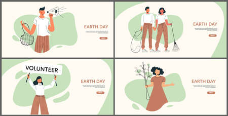 Earth day and green ecology volunteer community vector landing page and banner set. People save environment and care about nature. Template for eco card, 22 April brochure, voluntary project designのイラスト素材