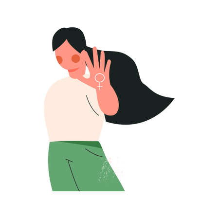 Woman right and power or protest against gender violence and harassment. Feminism concept. Strong girl show stop gesture. Female solidarity. Cartoon flat vector illustration isolated on whiteのイラスト素材