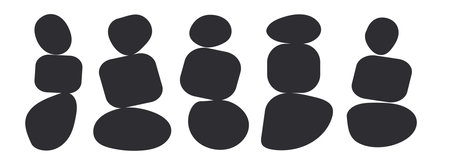 Silhouette of balance pebble stone cairns figure vector Illustration. Circle irregular shape, organic round form. Abstract wellness rock tower. Simplicity calm and zen of cairn. Monochrome black stoneのイラスト素材
