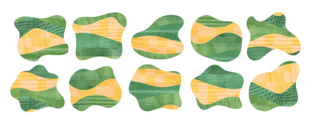 Abstract green eco farm field blob pattern background. Organic asymmetric amoeba form. Agriculture landscape with texture. Nature collage, countryside vector illustration. Isolated irregular figureのイラスト素材