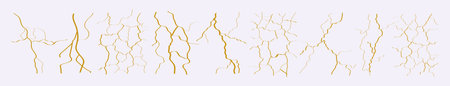 Yellow crack or gold kintsugi texture. Set of lightning flash vector illustration isolated on white...