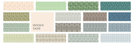 Paper torn shape and washi tape collage pieces. scotch and color cutout strip with texture. Craft paper piece vector element, creative scrapbooking collection. Isolated on white backgroundのイラスト素材