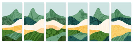 Abstract agriculture field landscape vector illustration. Agro farm valley background. Green ecology pattern with texture. Set of eco card, poster, brochure or flyer. Simple rural countryside viewのイラスト素材