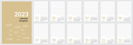 Vertical wall calendar template for 2023 year. Set of 12 months. Week starts on Sunday. Planner in minimalist style with place for photo. Vector editable corporate and business calendar page templateのイラスト素材
