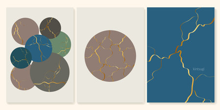 Kintsugi gold crack aesthetic vector background. Abstract marble stone with elegant japanese texture. Kintsukuroi illustration. Minimal decorative poster with broken surface. Set of fracture printのイラスト素材