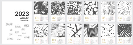 Vertical wall calendar template for 2023 year. Set of 12 months. Week starts on Sunday. Planner in minimalist style with place for photo. Vector editable corporate and business calendar page templateのイラスト素材