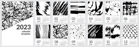 Vertical wall calendar template for 2023 year. Set of 12 months. Week starts on Sunday. Planner in minimalist style with place for photo. Vector editable corporate and business calendar page templateのイラスト素材