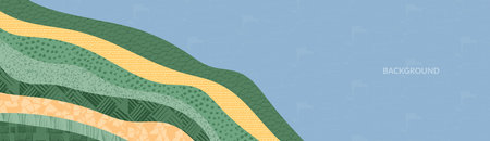 Abstract rice field or art asian banner. Curly mountain eco farm vector background. Green hill horizon illustration, oriental retro pattern. Summer landscape template. Nature panorama with textureのイラスト素材
