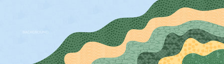 Abstract rice field or art asian banner. Curly mountain eco farm vector background. Green hill horizon illustration, oriental retro pattern. Summer landscape template. Nature panorama with textureのイラスト素材