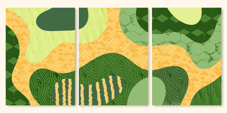 Set of abstract landscape vector background illustration. Countryside with colorful texture. Bundle of decorative eco cards. Nature, ecology, organic, environment banners, postcard, poster designのイラスト素材