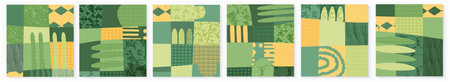 Set of abstract landscape vector social media background illustration. Countryside with colorful...
