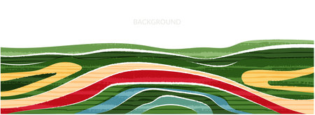 Abstract agricultural field landscape banner background. Nature, ecology, organic, environment vector illustration. Web banner or template of clean green environment. Countryside with colorful textureのイラスト素材