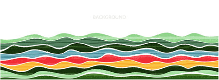 Agriculture farm green banner. Organic abstract field background. Wavy green lines, advertising backdrop, web header. Ecology wallpaper. Striped textured pattern. Panoramic meadow view, abstract hillのイラスト素材