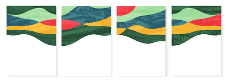 Agriculture wavy flyer template, farm field collage ig story background. Agro hill backdrop, abstract farmland textured vector illustration. Oriental decorative poster, eco design, ecology art headerのイラスト素材