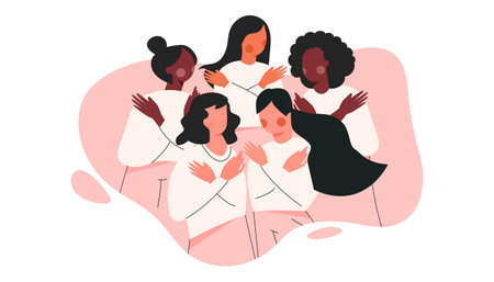 Embrace Equity International Women day 2023. Woman hug yourself vector illustration poster. 8 March feminine banner. EmbraceEquity. Female empowerment movement. Sisterhood and girl power conceptのイラスト素材