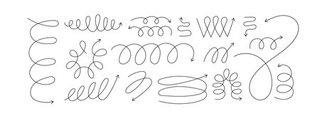 Line spiral spring arrow vector illustration set. Y2k aesthetic design element. Springy flexible object. Modern minimalist linear elements, trendy outline arrows. Different zigzag, coil, waveのイラスト素材