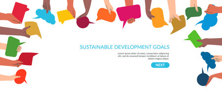 SDGs development goals environment. Hands exchange ideas and holding speech bubble with vote or comment. Team cooperation communicate collaborate. Diversity group with talk message vector illustrationのイラスト素材