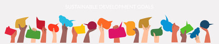SDGs 17 development goals environment. Peoples hands exchange ideas and holding speech bubble with vote and comment. Voters cooperation and communicate. Diversity group of citizen vector illustrationのイラスト素材