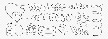 Line spiral spring arrow vector illustration set on transparent background. Y2k aesthetic design. Modern minimalist linear elements, trendy outline arrows. Different forms of zigzag, coil, waveのイラスト素材