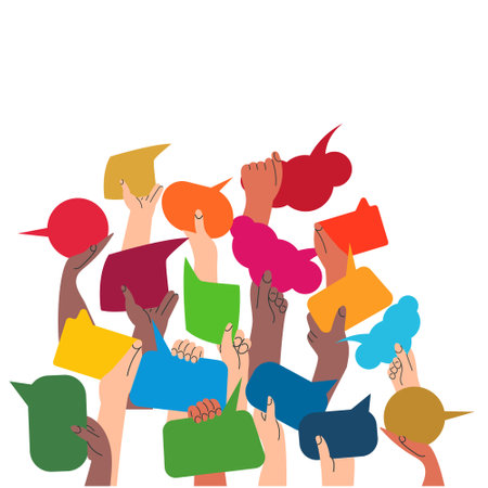 SDGs development goals environment. Hands exchange ideas, holding speech bubble with vote election. Team cooperation communicate collaborate. Multicultural group with talk message vector illustrationのイラスト素材