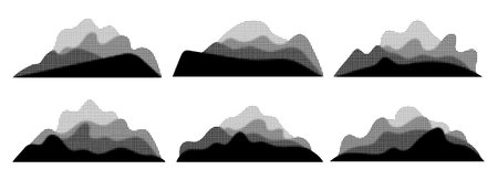 Halftone mountain with range dot grunge texture. Abstract noisy hill background. Art dotwork. Gradient sand pattern. Retro monochrome wave vector illustration. Summit shape, bw grainy landscape, rockのイラスト素材