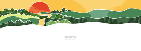 Green farm, abstract agriculture, garden template, field layout vector textured illustration. Green nature pattern, crop, hill, mountains. Ecological wavy ornament, eco header, sustainable scenic viewのイラスト素材