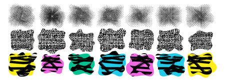Grunge collage shape with dot halftone texture. Abstract doodle vector element for brutalism design. Organic circle half tone spot, crayon round stamp, freehand scribble blob, trendy ink blot setのイラスト素材
