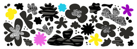 Abstract flower shape geometric vector illustration with dot texture. Trendy botanical collage element for contemporary design. Organic floral doodle silhouette. Basic leaves form, y2k brutalist setのイラスト素材