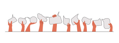 Peoples hands exchange ideas and holding speech bubble with vote and comment. Voters cooperation and...