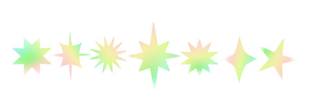 y2k holographic gradient star shape vector illustration. Modern holo twinkle element. Magic futuristic shine sticker set. Trendy light symbol collection. Aesthetic space background. Hologram clipartのイラスト素材