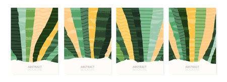 Green nature collage eco abstract vector background. Agricultural field landscape with texture, ecology poster design. Summer aesthetic illustration set. Environmental card, organic agro patternのイラスト素材