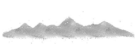Mountain gradient dotwork vector texture. Abstract halftone hill landscape. Dot rock terrain pattern background. Alpine panorama grain shape illustration. Horizontal peak silhouette. Nature designのイラスト素材