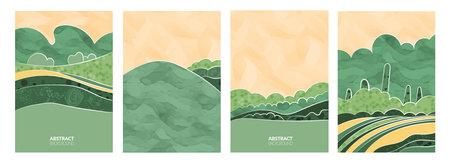 Watercolor illustration of rural landscape: green fields, vineyards, rice paddies, tea plantation. Abstract art pattern, eco-friendly agriculture. Modern design, simple natural elegance countrysideのイラスト素材