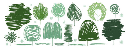 Green tree silhouette bush shrubbery in summer landscape simple abstract vector crayon illustration. Pastel chalk, pencil textures design, handwritten lines, colorful scribble element. Doodle icon setのイラスト素材